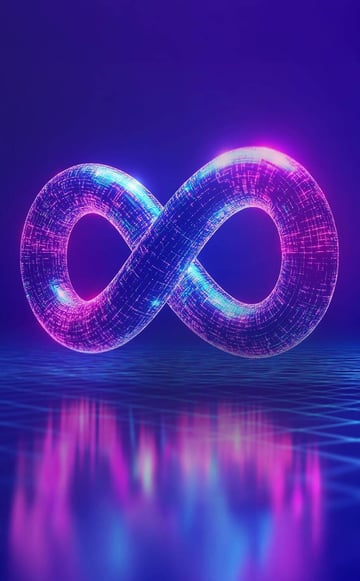 Leuchtendes Unendlichkeits-Symbol auf reflektierendem Grund, symbolisiert den endlosen Zyklus von DevOps.