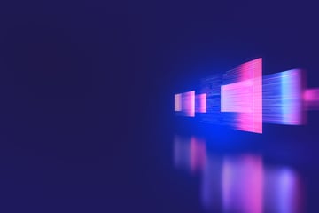 Digital data streams flow in shades of pink and blue over a dark background.