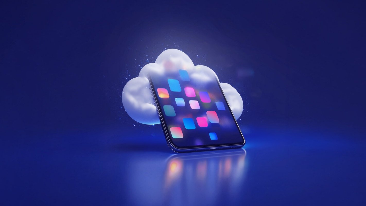 Smartphone in front of a digital cloud, symbolizing innovative solutions from an app development agency.
