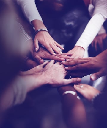 Hände verschiedener Menschen, die sich vereinen, symbolisieren Diversity, Inclusion & Equity.