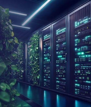 Serverraum mit Pflanzen, symbolisiert Nachhaltigkeit und umweltfreundliche Technologie.