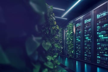 Serverraum mit Pflanzen, symbolisiert Nachhaltigkeit und umweltfreundliche Technologie.