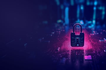 Ein digitales Vorhängeschloss symbolisiert Sicherheit auf einer leuchtenden, abstrakten technischen Oberfläche im Dunkeln.