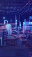 Digitale Darstellung einer Smart Factory mit vernetzten Systemen.