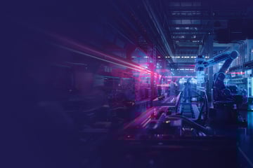 A highly automated factory in which a robotic arm with a digital interface works in a futuristic environment.