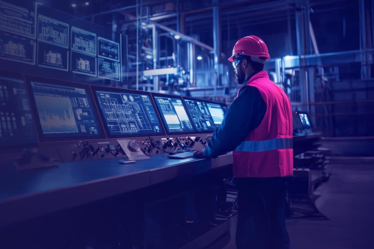 Arbeiter überwacht Maschinenparameter für Predictive Maintenance in einer Produktionsanlage.