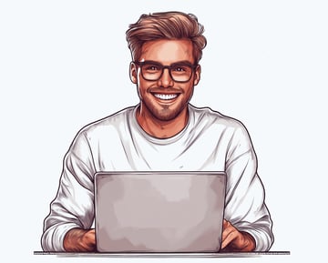 Eine Person im weißen Langarmshirt sitzt am Tisch und arbeitet am Laptop.